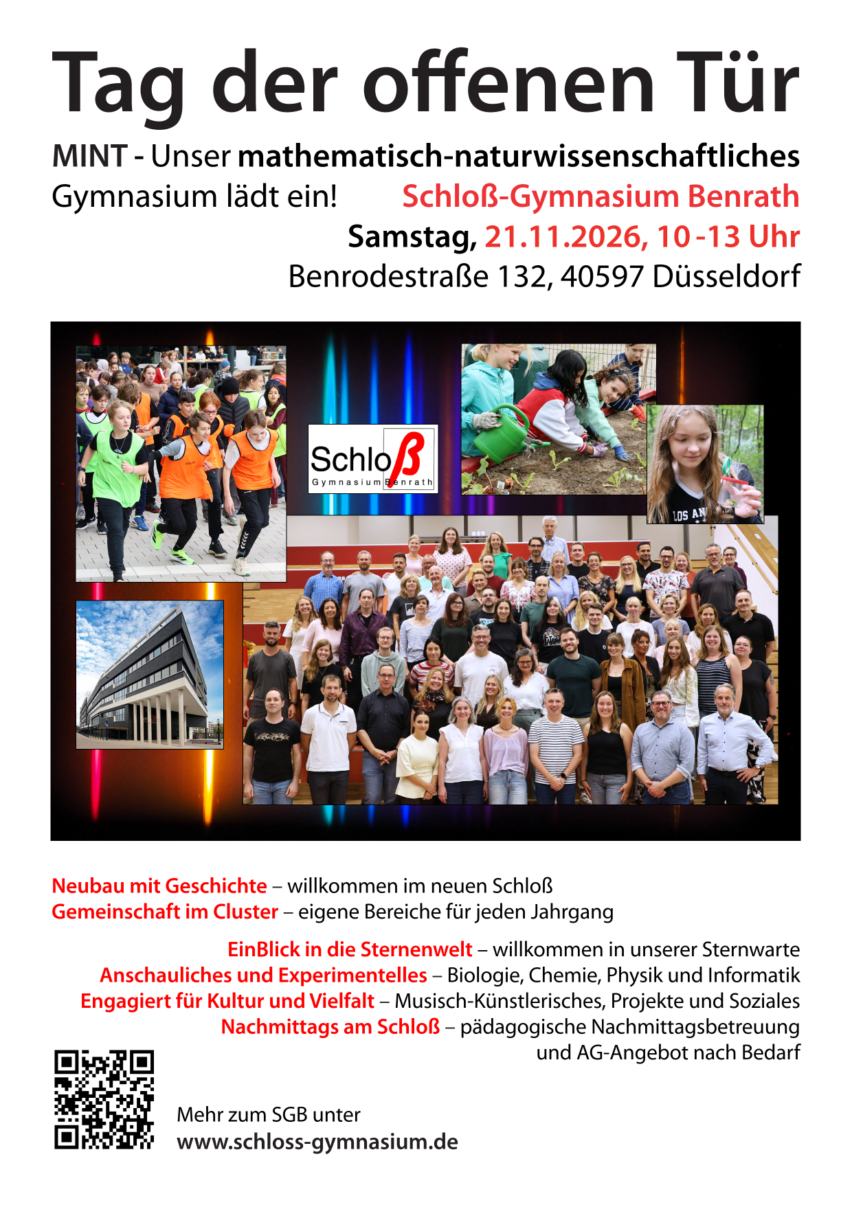 Einladung zum Tag der offenen Tür am Schloß-Gymnasium Benrath 21.11.2026 10.00 Uhr bis 13.00 Uhr.